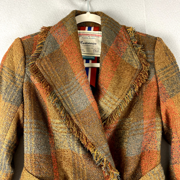 Anthropologie Cartonnier Plaid Wrap Blazer Women 0 Brown Fringe Tweed Fall - Picture 6 of 16